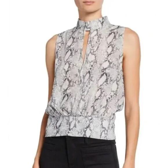 FRAME Denim Gray Snake Print Silk Sleeveless Blouse Women's Size Small Smocked - Picture 9 of 9